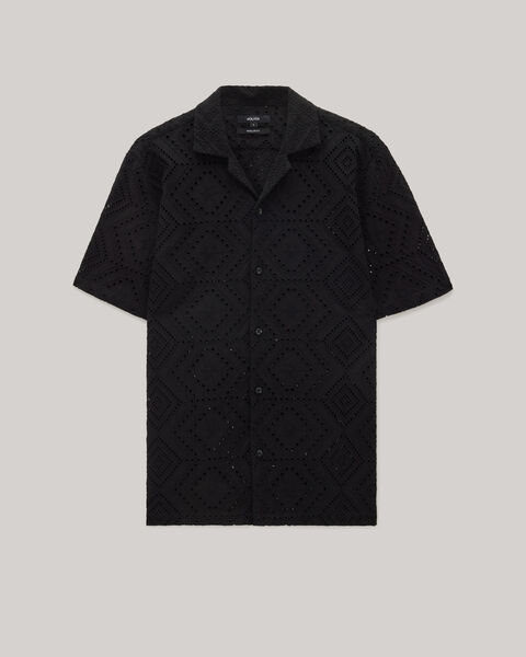 Embroidery Cuban Collar Button-up Shirt, Black, hi-res